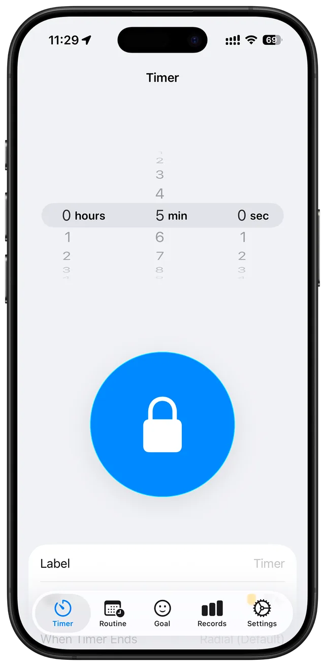 SeeLock timer screen with the blue theme
