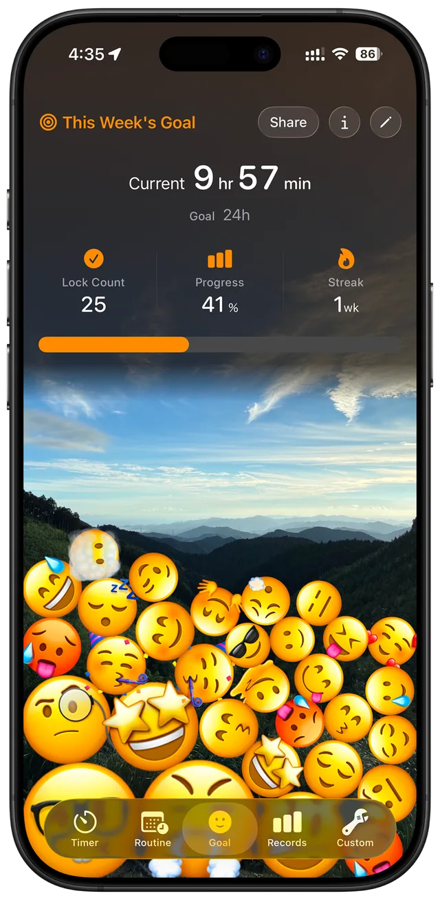 SeeLock goal screen with emoji balls