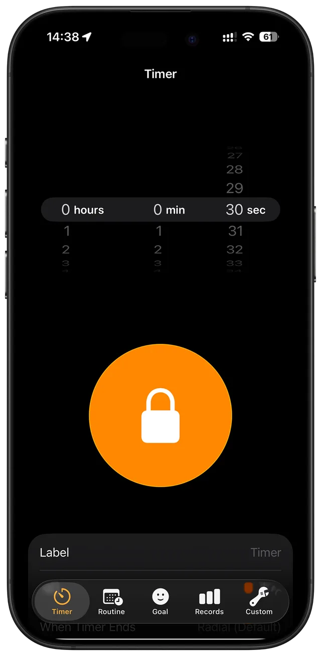 SeeLock timer setup screen